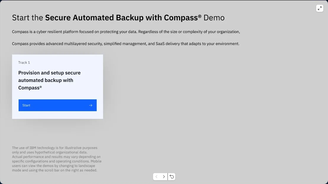 First screen of the Compass demo, offering Track 1: Provision and setup secure automated backup with Compass.